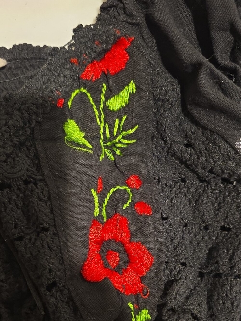 Embroidered Black Women’s Peasant Crop Top with Red Floral Detail - Picture 6 of 9